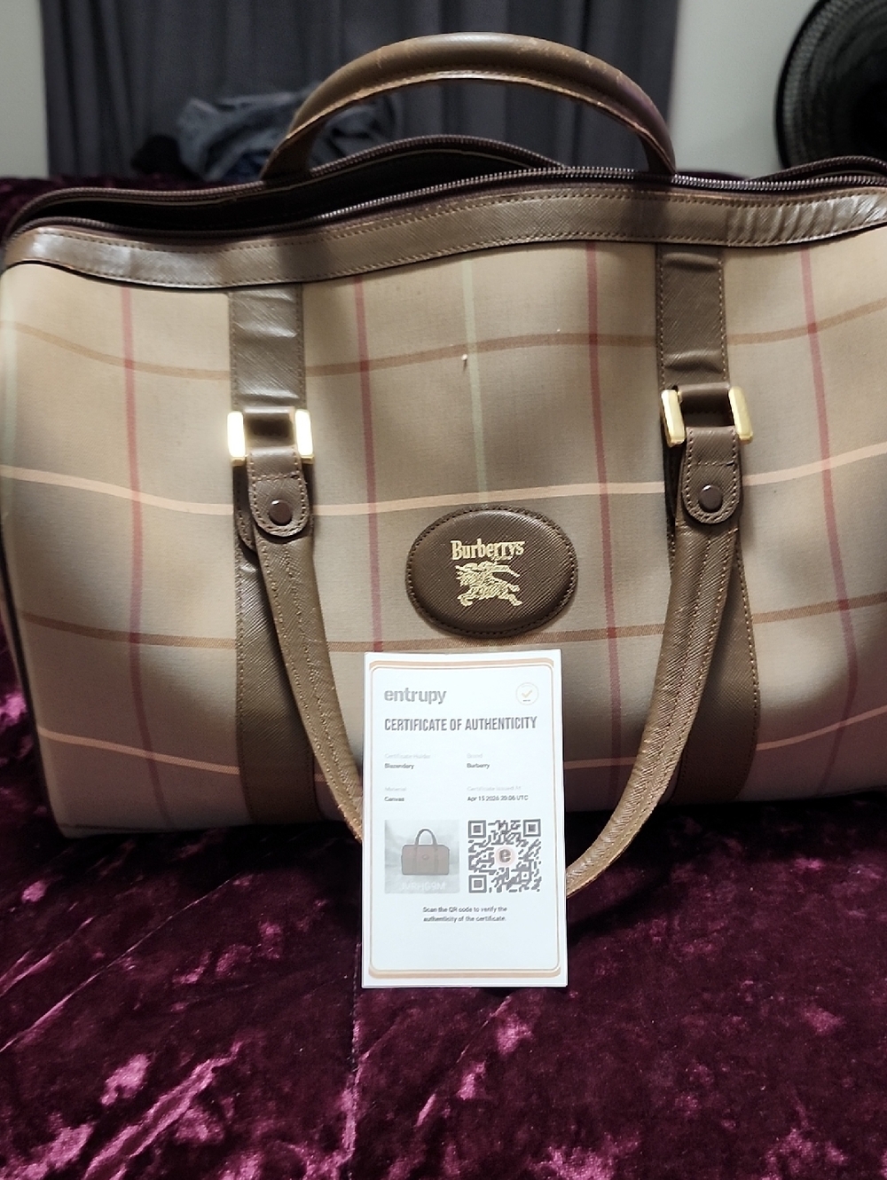 Burberrys Vintage Beige Plaid Satchel Handbag with Brown Trim